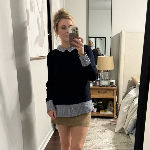 Navy Preppy Style Blouse / Attached Pin Stripe Sleeves & Collar - Picture 4 of 11